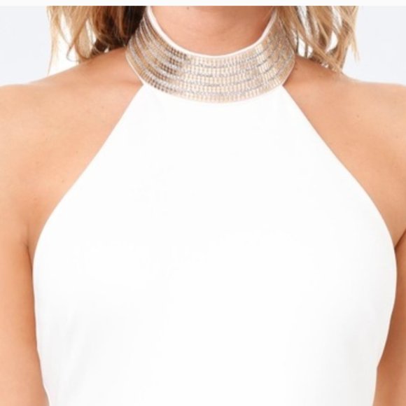Bebe Mini White Halter Dress with Gold Jeweled Collar Lowback - Picture 3 of 14